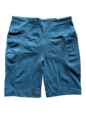 Mondetta High-Rise Ribbed Teal Biker Shorts with Side Pockets